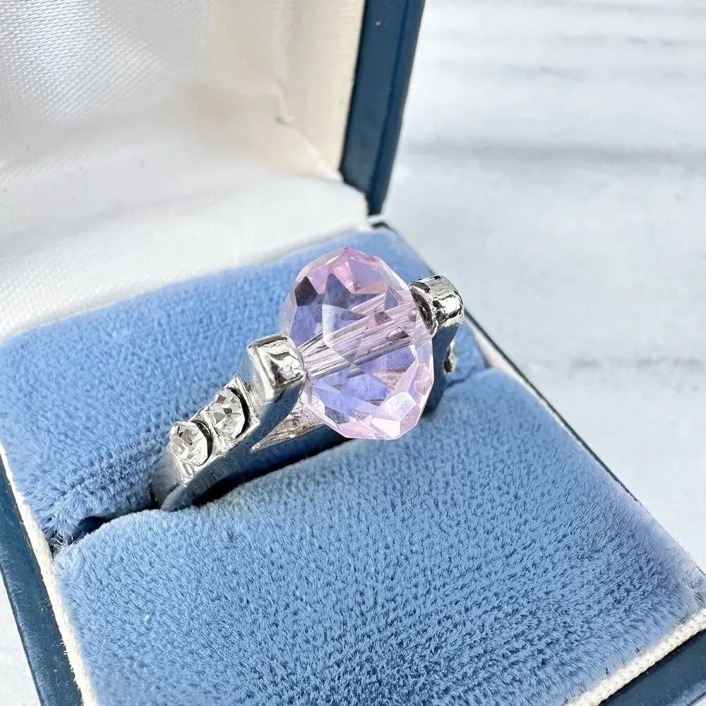Spinner Cocktail Ring Pink Glass Faceted Gem Silver Tone Spinning Fidget Sz 8.5